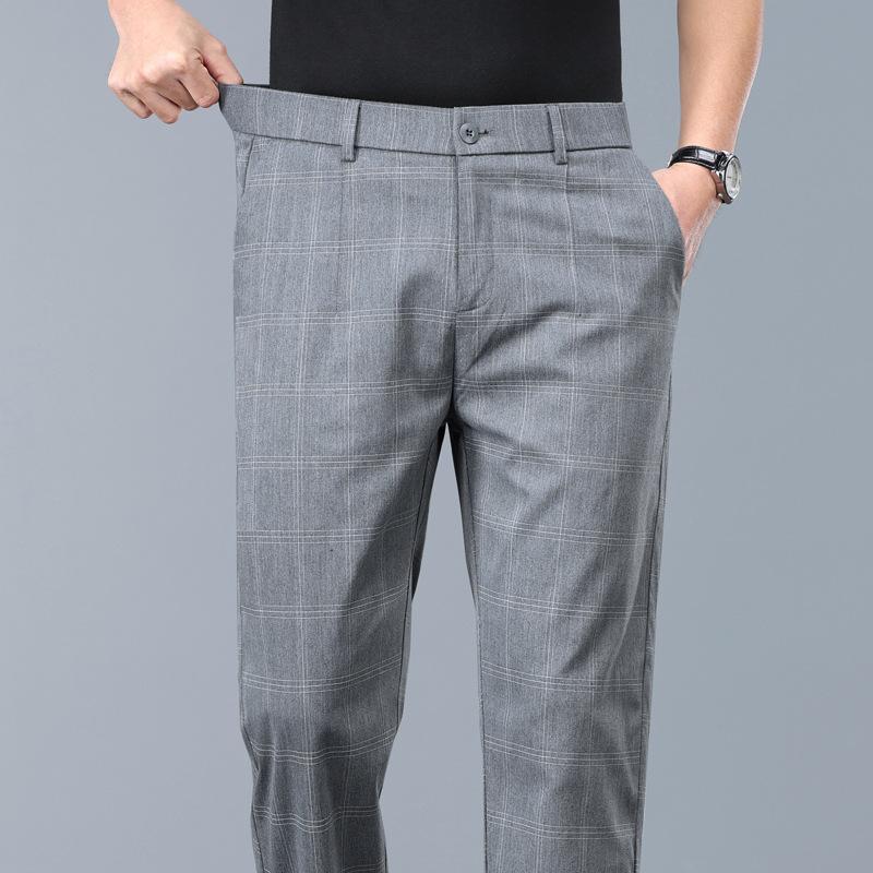 Summer Thin Plaid Formal Stretch Pants Men Slim Business Grey Black Casual Pant Fashion Male Clothing England Trousers