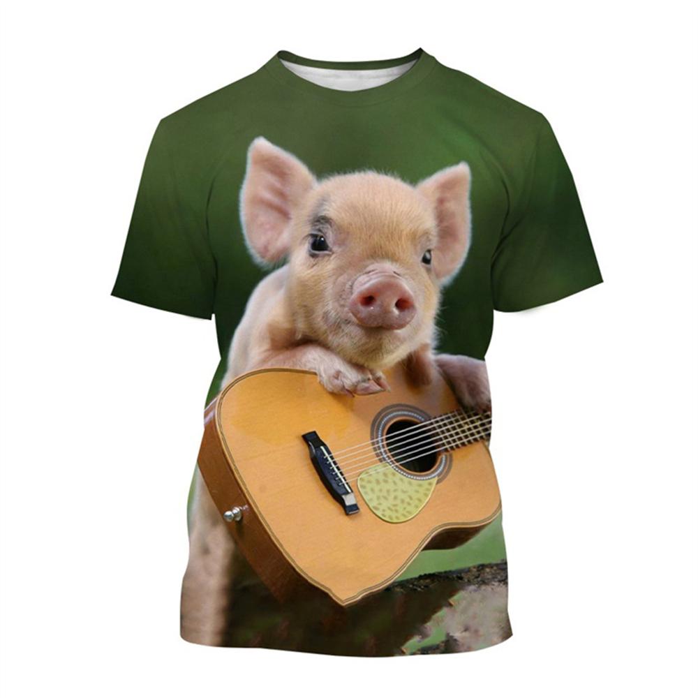 Guitar-Playing Pig 3D Printed Men's T Shirts Funny Summer Animals O-Neck Short Sleeve Casual Comforts Tees Shirt Kid Tops Women