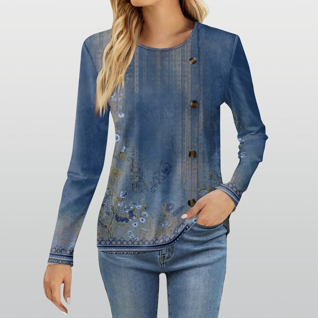Women's Fashion Casual Round Neck Long Sleeve Printed T-Shirt Ladies Top