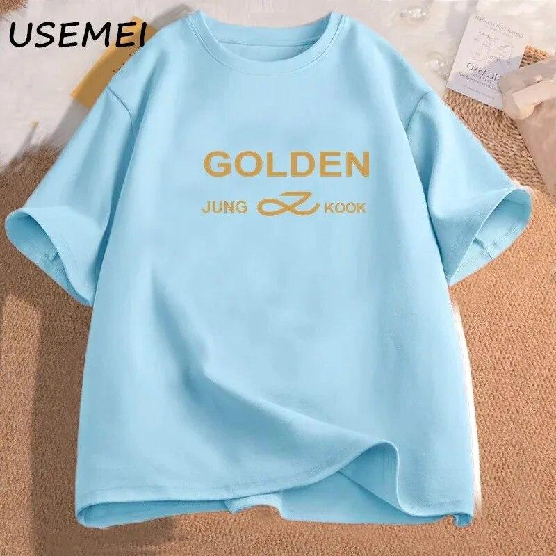 100% Хлопок Футболка Унисекс Женская Одежда Чонгук Золотой Корейская Мода Kpop Печатная Графическая Футболка Топ Летняя Одежда Унисекс