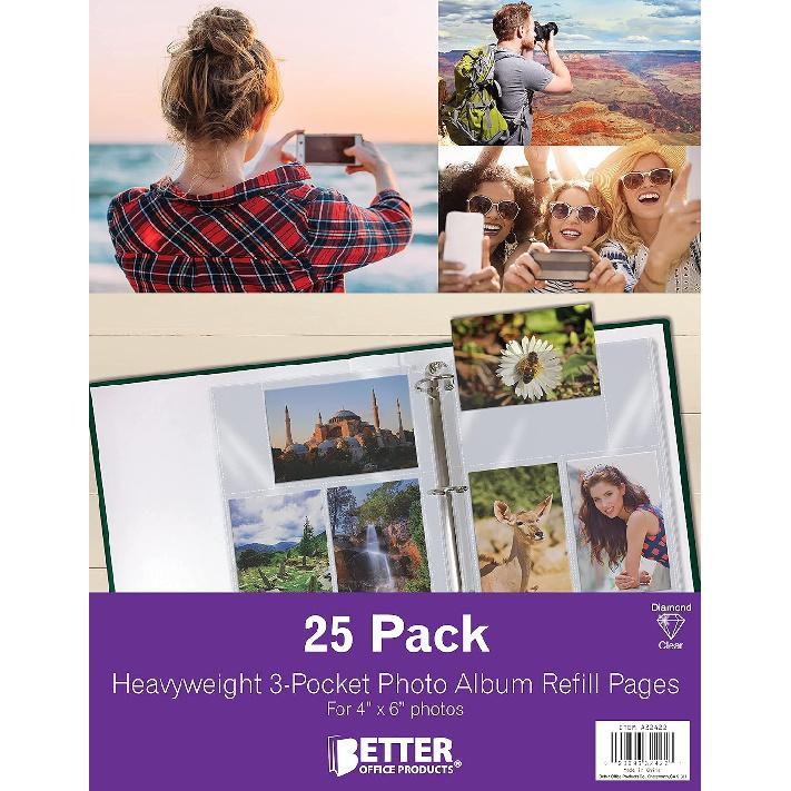 Better Office Products Photo Album Refill Sheets, 4 x 6 Inch Mixed Format, Heavyweight, Diamond Clear 3 Ring Photo Binder Page Refills, 150 Total