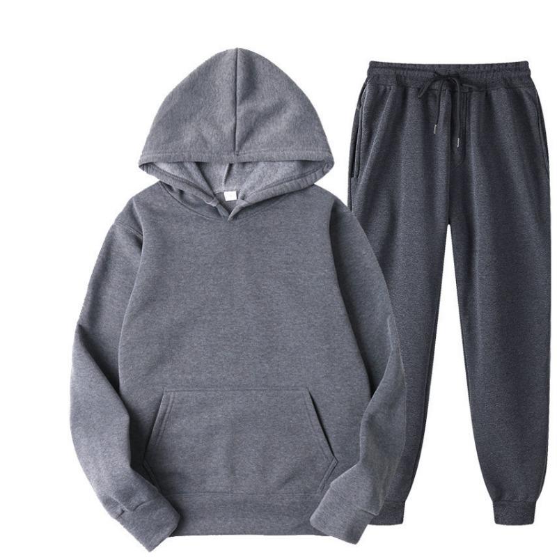 Autumn Winter Solid Color Sportswear 2-piece Hooded Sweatshirt Sweatpants with Plush Loose Casual Sweatshirt Set