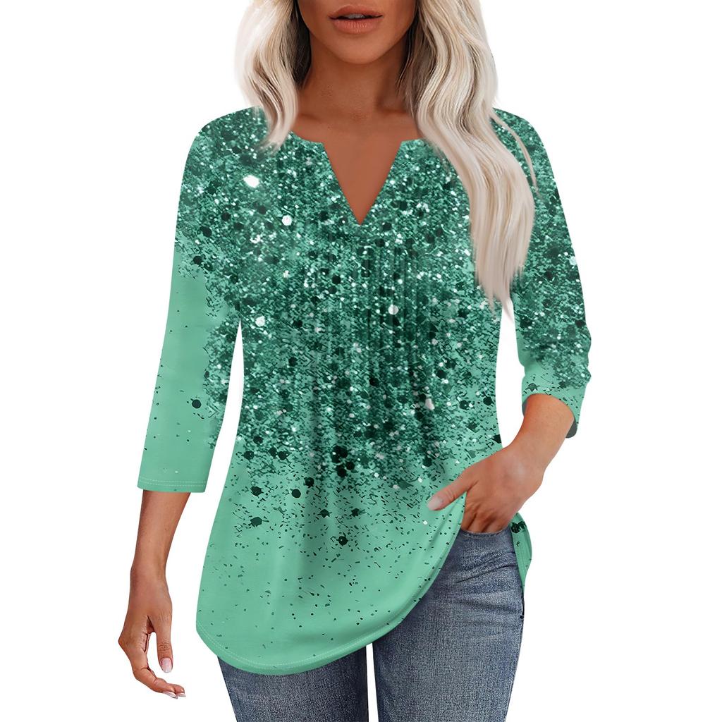 Women's Fashionable Casual Pleated V Neck Solid Color Seven Quarter Sleeve T-shirt Top