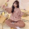 Women's Cozy Flannel Pajama Set - Autumn/Winter, Cute Coral Fleece, Round Neck Korean Style Homewear