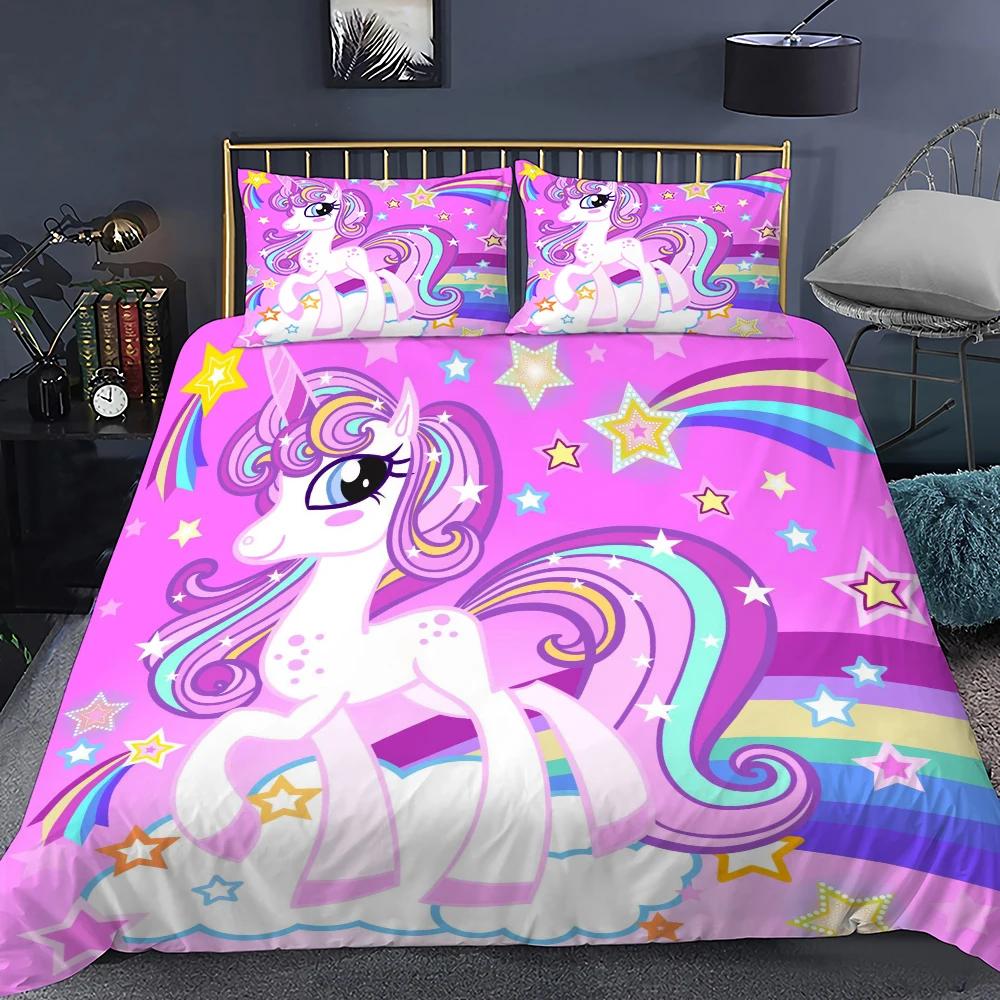Unicorn Soft Duvet Cover Purple Pink Carton Dream Warm Comforter Cover Set Women Stars Rainbow Rhinestone Beding Set for Tenage Young Girls