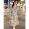 French High-end V-neck Floral Skirt for Women's Summer New Waist and Thin A-shaped Medium-length Pendulum Skirt for Women