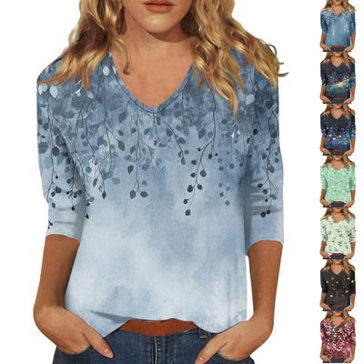 Женские топы, рубашка с рукавом три четверти, свободная повседневная рубашка с V-образным вырезом, футболка с цветочным принтом