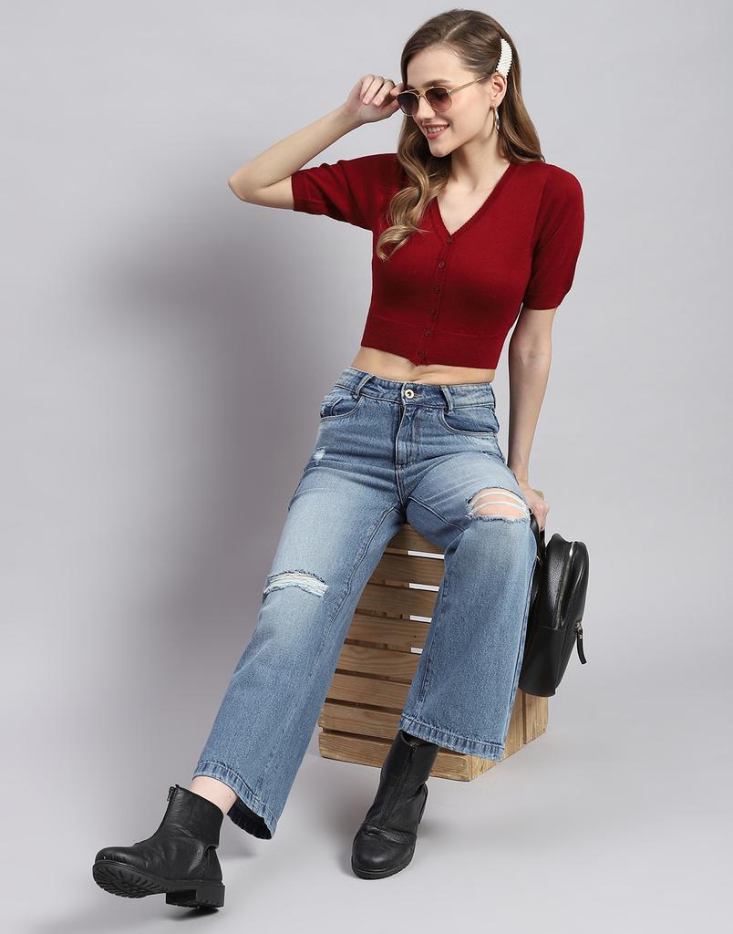 MONTE CARLO Maroon Solid V Neck Sweater