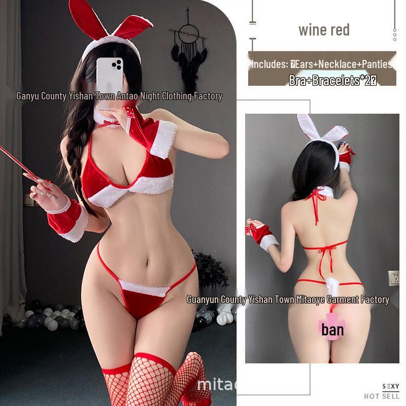 Christmas Bunny Girl Lace-Up Lingerie Set - Sexy Three-Piece Bra and Panties Sleepwear