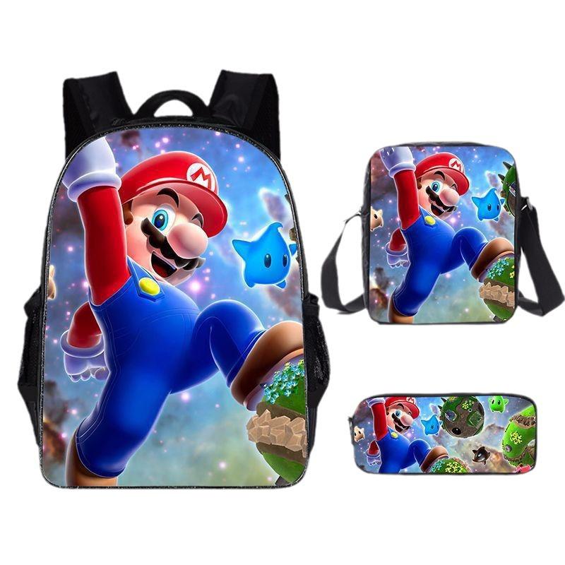 Mario Cartoon Backpack Set 3-in-1 Student Laptop Backpack Shoulder Bag Pencil Case Kids School Bag
