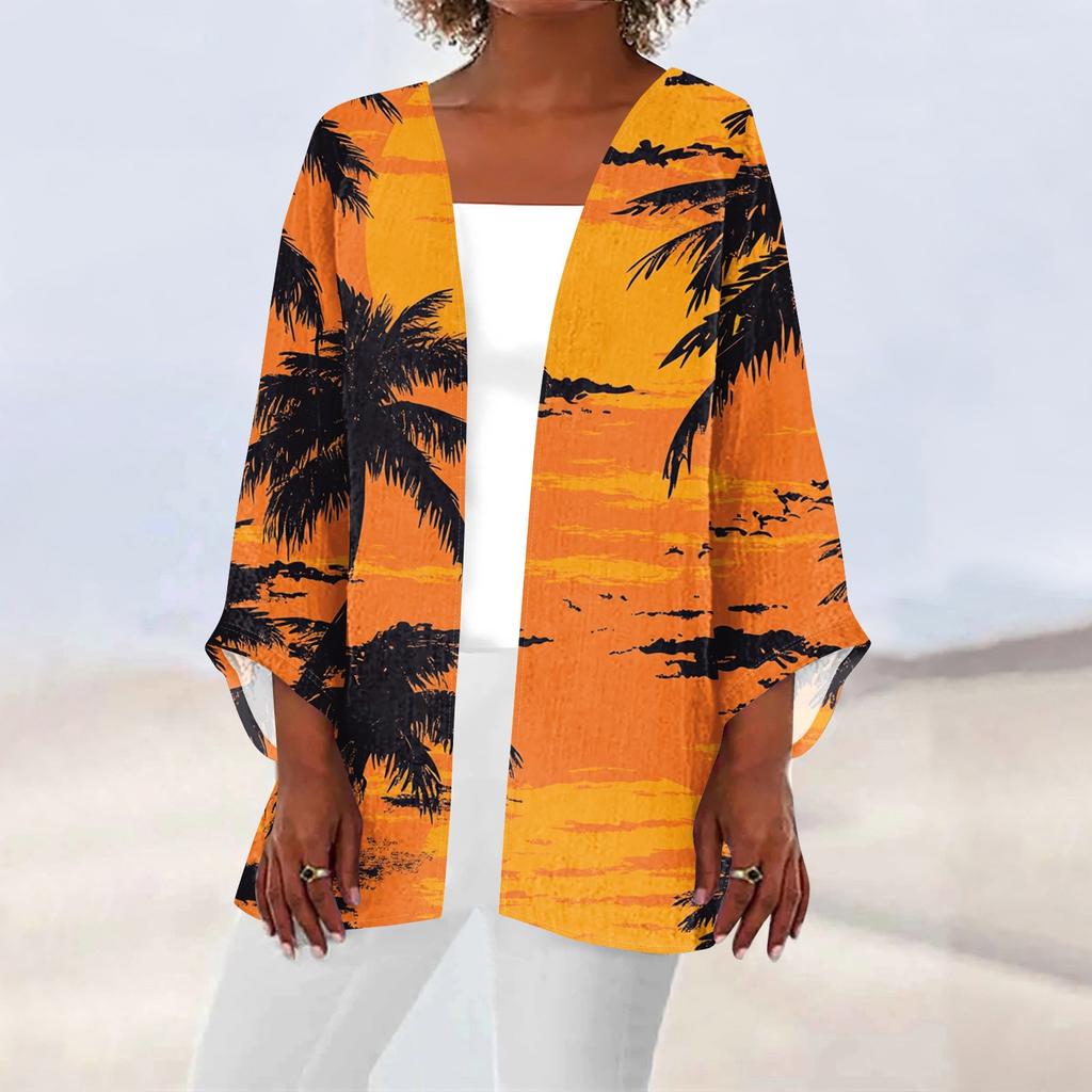 Women's Casual Fashion Beach Ocean Tree Print Lightweight Mid-Length Jacket Cardigan