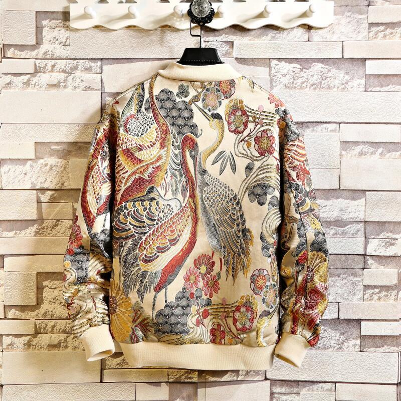 2026 Мужская Бейсбольная Куртка с Принтом Мужские Пальто Вышивка Журавль Китайский Стиль Дополнительно Харajuku Бомбер Мужская Оверсайз Верхняя Одежда