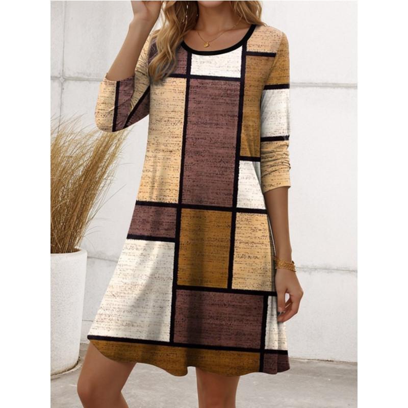 Женские платья Весенне-осеннее повседневное свободное разноцветное платье с длинным рукавом и круглым вырезом с принтом