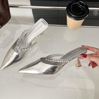 Модные сандалии Baotou Весна Новые Остроносые Мелкий Вырез Хрустальные Тонкие Ремешки Противоскользящие Износостойкие Туфли-шлепанцы на Тонком Каблуке