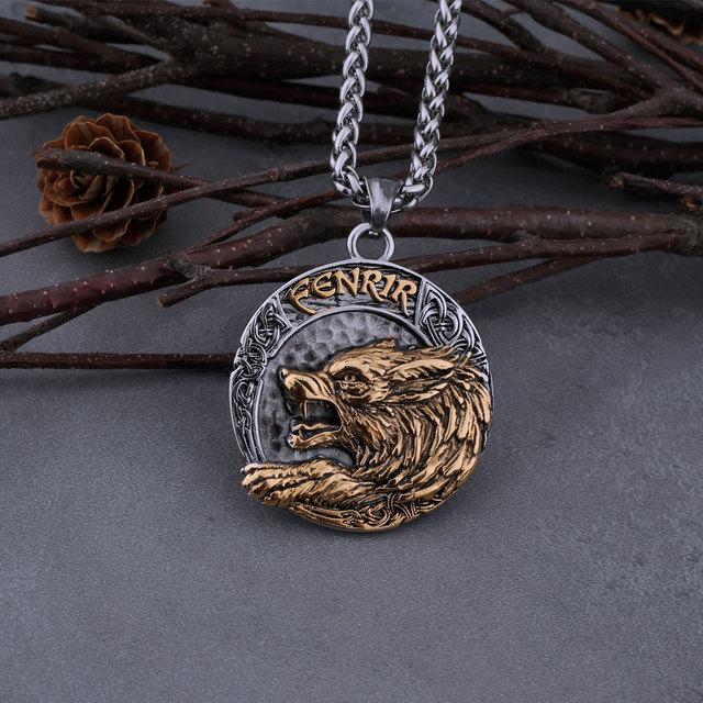 Stainless Steel Vintage Vikings Fenrir Wolf Head Necklace Mixed Gold Color Nordic Amulet Biker Pendant Jewelry Gift