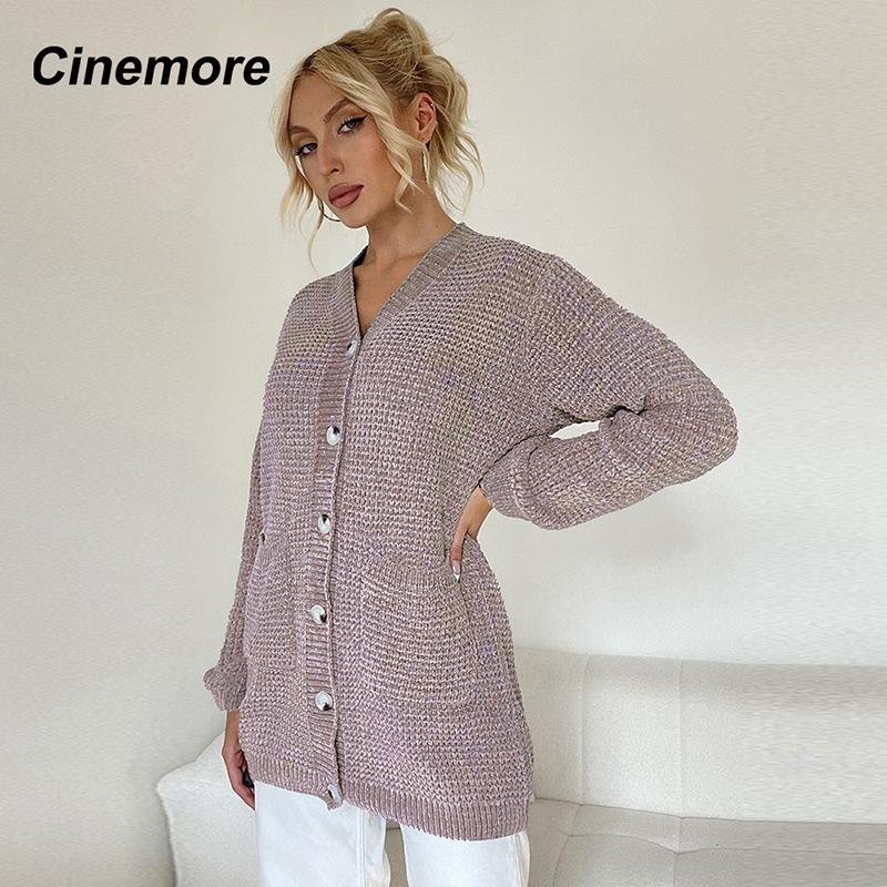 Cinemore Весенне-осенний женский свитер однотонный свободный повседневный открытый карман теплый базовый топ с длинными рукавами и круглым вырезом трикотажная карточка