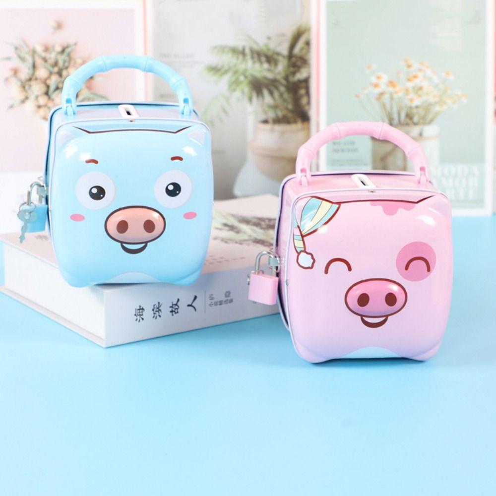 Pig Shape Money Saving Box Tinplate Coins Storage Box Handheld Piggy Bank  For Children Gift