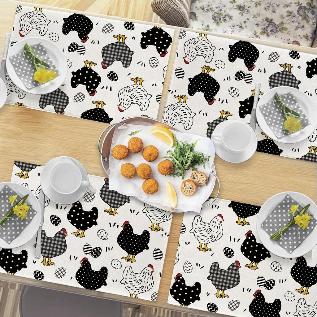 Chicken Hen Placemats Set of 4, Eggs Buffalo Plaid Polka Dots Farm Dining Table Place Mats, Spring Farmhouse Rustic Kitchen Decor Home Decorati