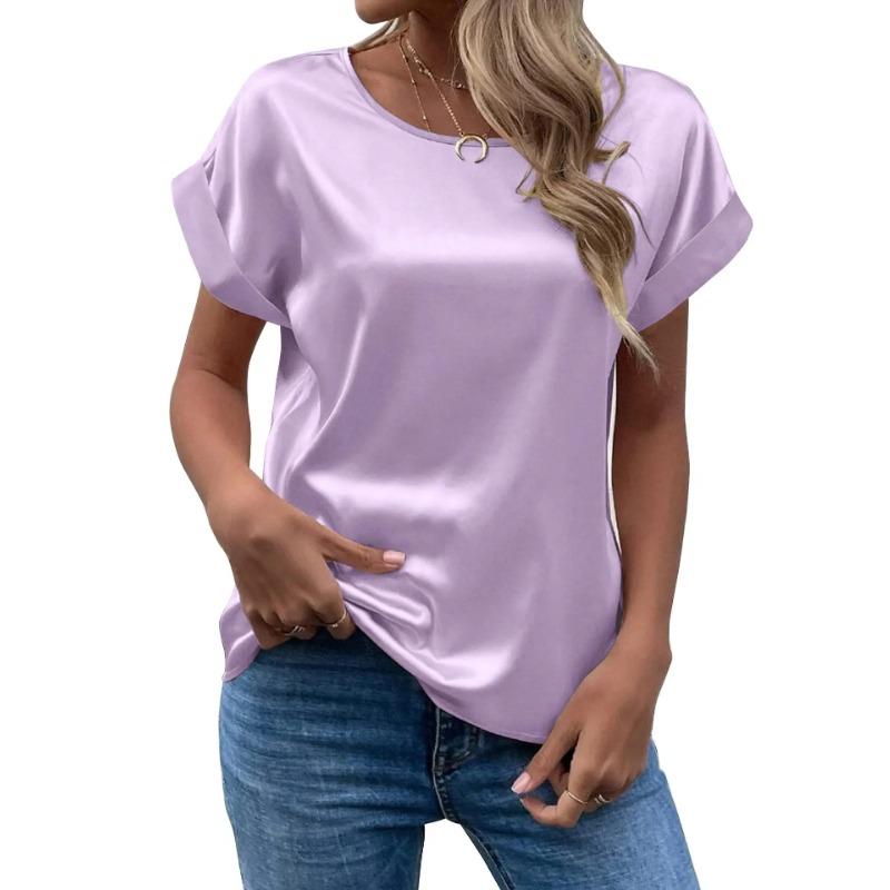 Spring and Summer New Women's Short Sleeve Satin Shirt Loose Casual Round Neck Colored Ding T-shirt Women