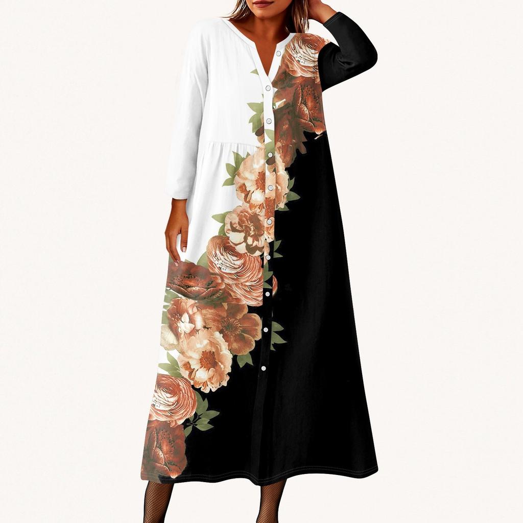 Женское модное платье-рубашка свободного кроя с принтом, круглым вырезом и рукавами семь четвертей на пуговицах
