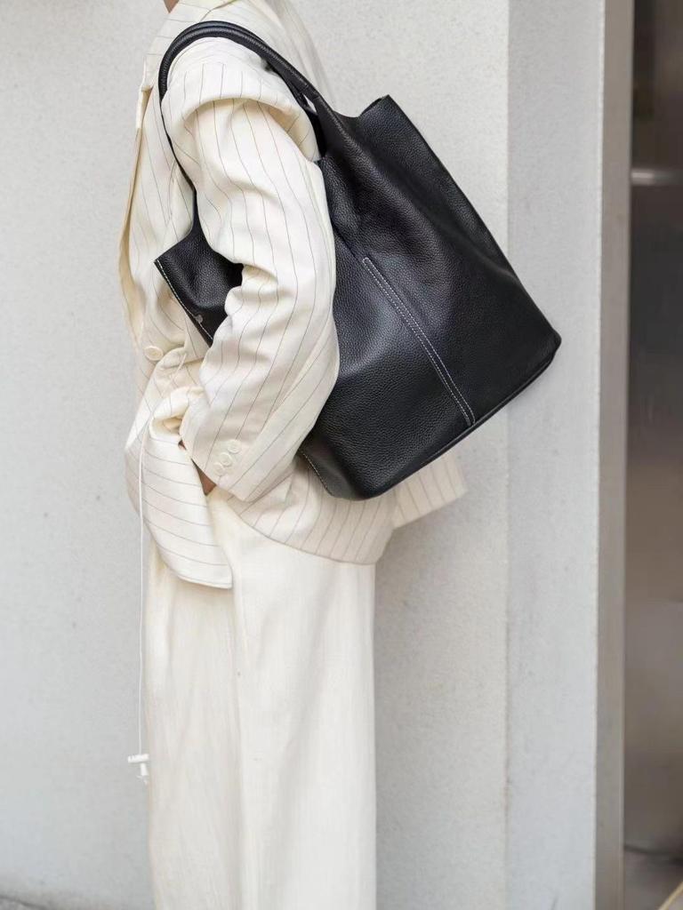 Сумка-ведро из коровьей кожи высшего слоя: Подлинная Сумка из Мягкой Кожи, Большая A4 для Поездок на Работу, Повседневный Универсальный Стиль для Белых Воротничков