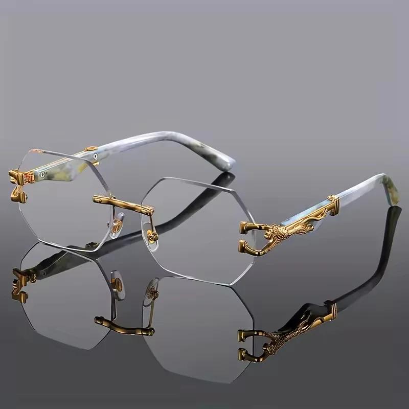 Trendy Unisex Polygonal Frameless Gradient Sunglasses Retro Wood Grain Leopard Leg Square Driving Glasses