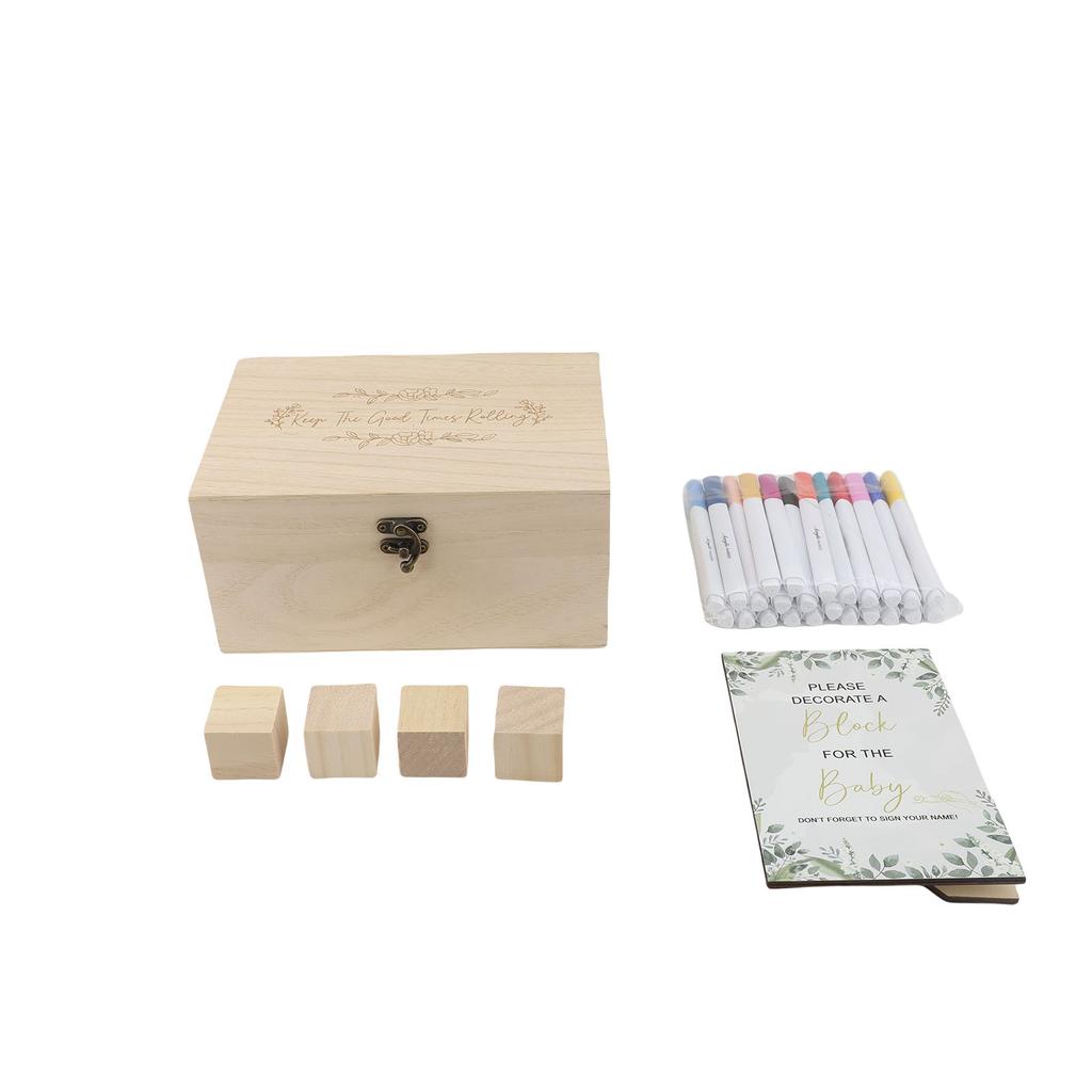 Baby Shower Game Sign Set Fun 52 Wooden DIY Blank Blocks with 24 Markers Wood Storage Box for Party Game