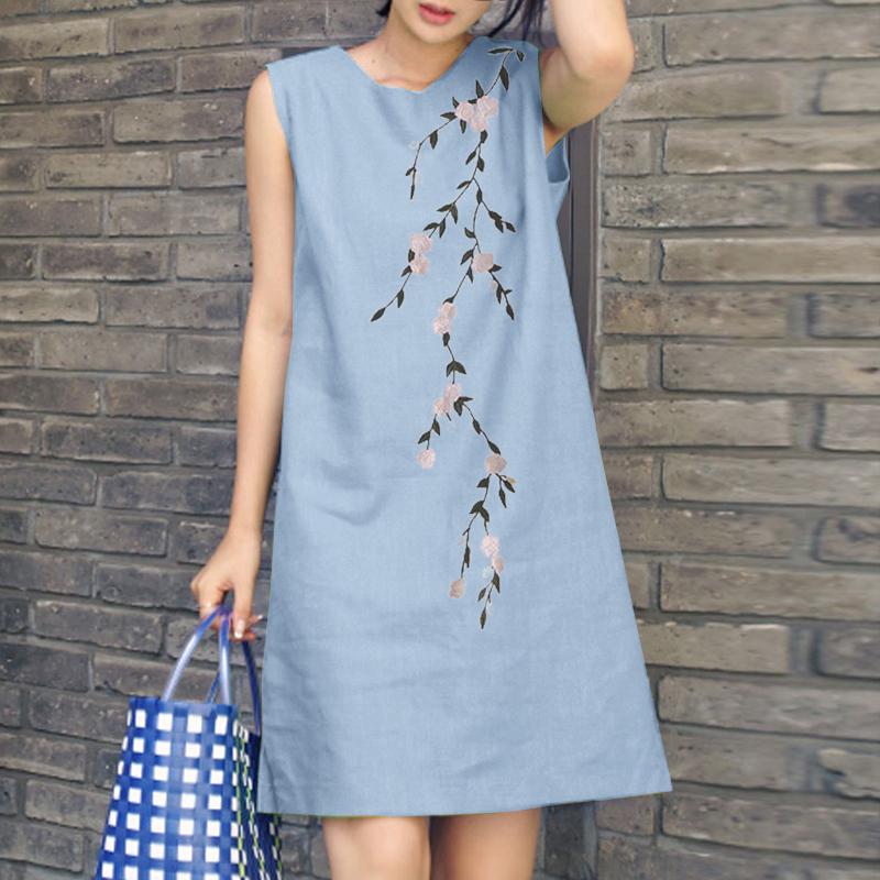 ZANZEA Летнее свободное повседневное платье без рукавов с круглым вырезом и принтом
