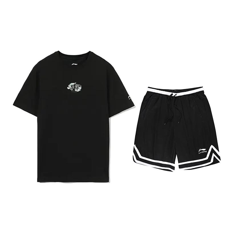 Li-Ning Вязаные дышащие шорты с коротким рукавом в стиле колледжа, однотонные, модные, удобные, повседневный спортивный костюм, унисекс, черные AHST821-2+YAPV001-1