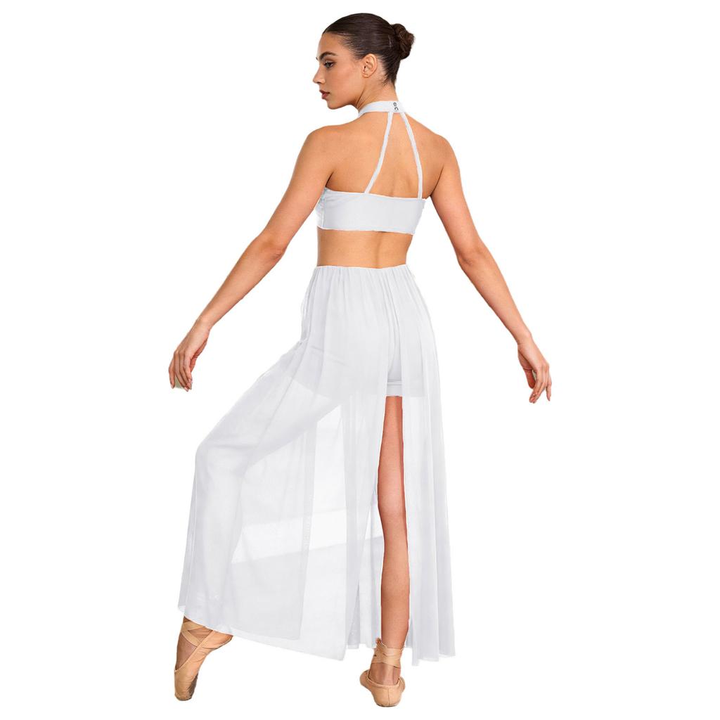 Womens Backless Bodysuit Dress Sequined Top Mesh Skirt Integrated Short Bottom Dance Wear