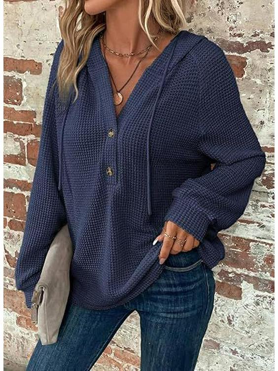 Женская толстовка с капюшоном из вафельной ткани с V-образным вырезом и пуговицами на завязках, с длинным рукавом