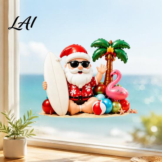 Beach Style Static Stickers Tropical Christmas Window Stickers Santa Claus Flamingo Palm Tree Surfing Board Party Supplies Decals Waterproof