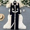 Women's French Retro Color Clashing Lapel Single-breasted Waist Temperament Split Knee-length Knit Dress