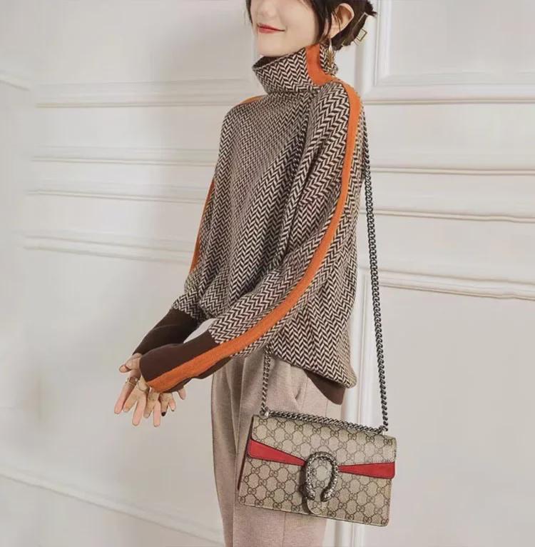 Женский ретро-кашемировый свитер — свободный крой, высокий ворот, контрастный цвет, осень/зима