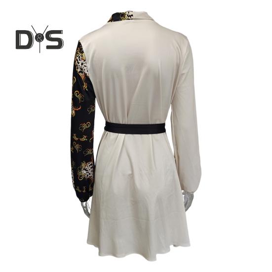 Весна-осень Женское платье со шнуровкой на талии, завязывающимся лацканом, V-образным вырезом, А-силуэтом, подходящим по цвету, пальто с длинными рукавами, деловое мини-платье для поездок на работу