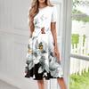 Женское повседневное и модное платье средней длины с круглым вырезом и коротким рукавом с принтом