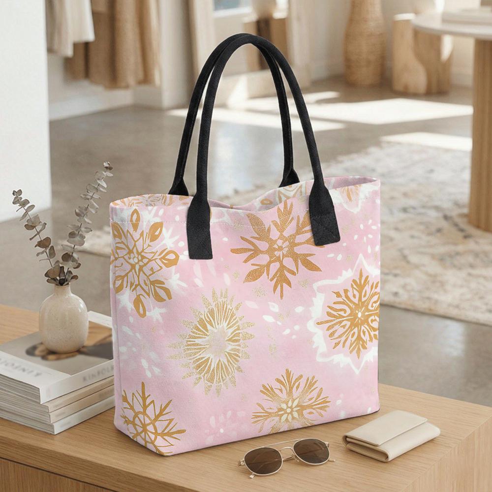 Tote Bag Pink Golden Snowflakes Winter Print Canvas Holiday Shopping Gift for Women