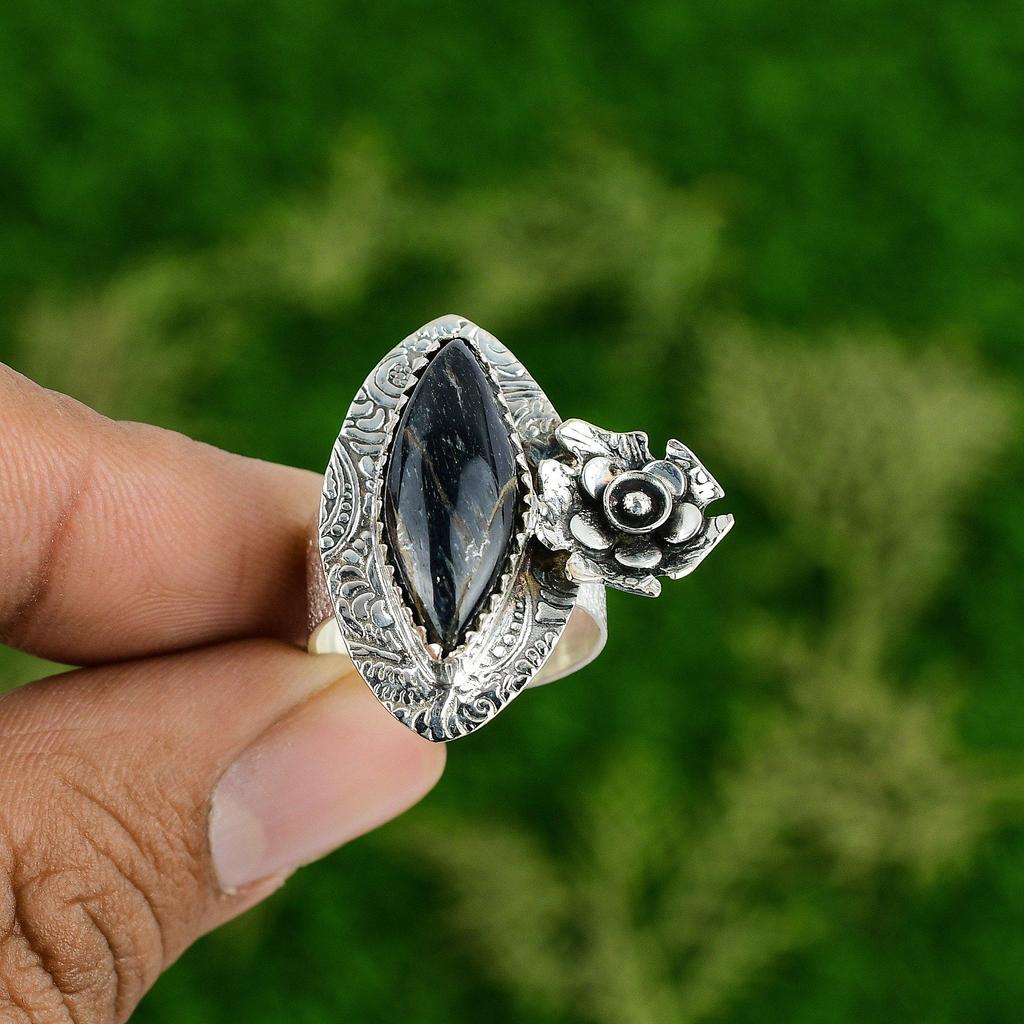 Gift For Her Natural Pietersite Multi Stone Flower Ring Size 8 925 Silver