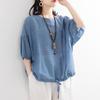 Loose Casual Women's Bat Shirt Hem Round Neck Sleeves Pullover Cotton Linen Shirt Top