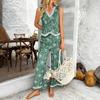 Printed V-neck Vest Wide Pants Set Print V-neck Vest Wide Leg Pants Set