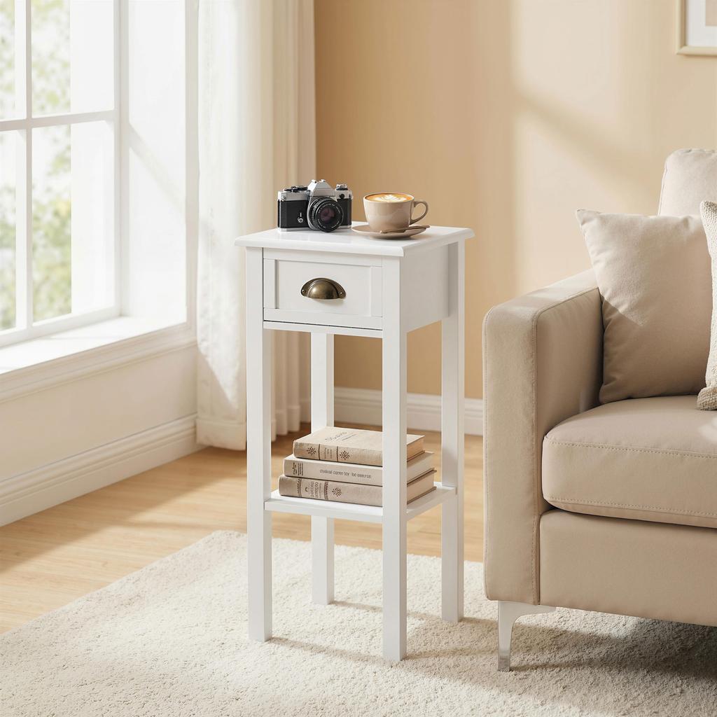 Side Table Nightstand With Drawer And Storage Shelf Modern Style For Living Room Bedroom 30x30x75 Cm White