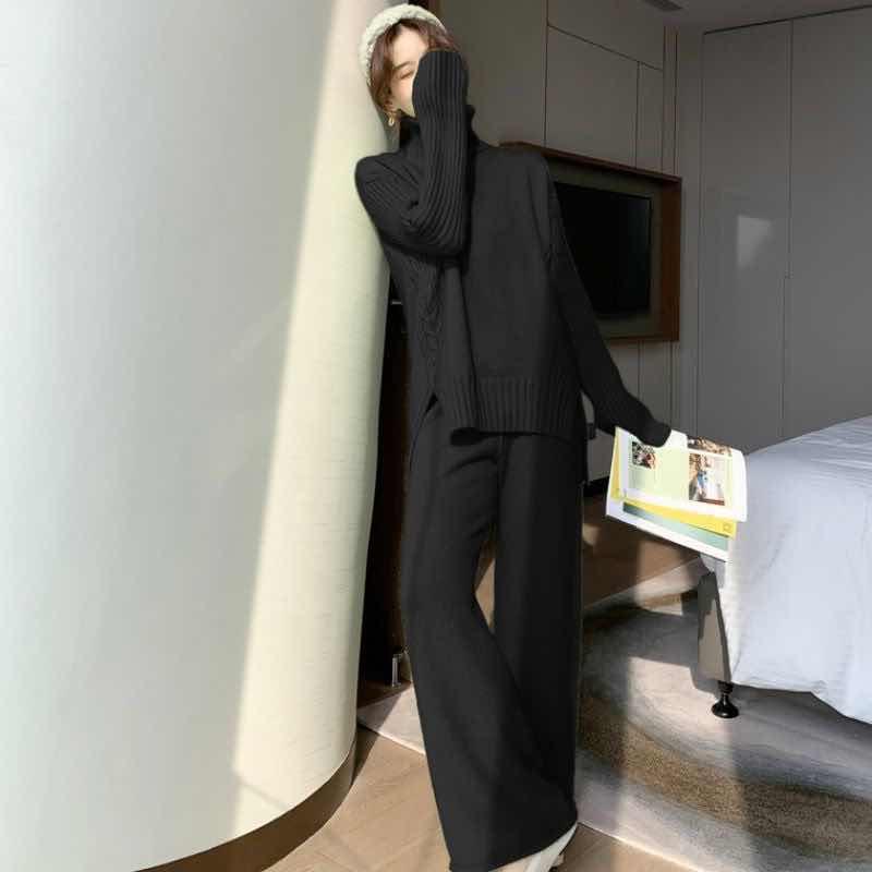Sweater Set Women Tracksuit Spring Autumn Knitted Suits 2 Piece Set Warm Turtleneck Sweater Pullovers Wide Legs Pants