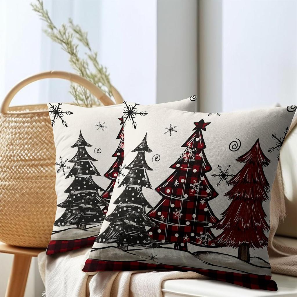 Black and Red Buffalo Plaid Christmas Pillow Covers 16x16 Inch Set of 2 Double-Sided Tree Snowflake Holiday Decorative Throw Pillowcases for Couch