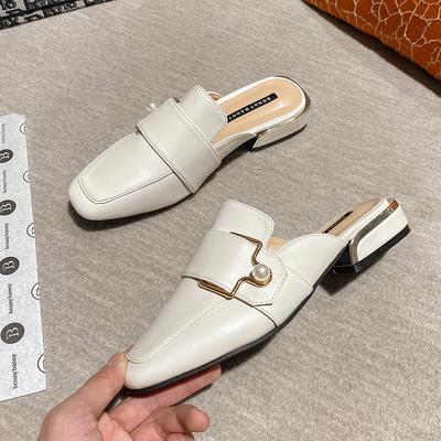 Кожаные крутые тапочки женские с закрытым носком полутапочки в корейском стиле без каблука ленивые туфли на толстом каблуке летняя обувь туфли мюли женские