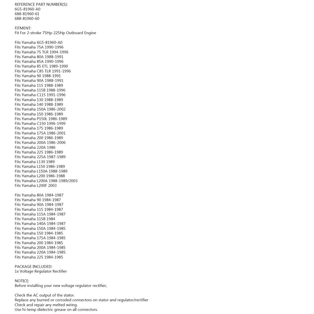 Regulator Rectifier for Yamaha 75 80 85 90 115 150 200 225 hp 1986-2006 Outboard