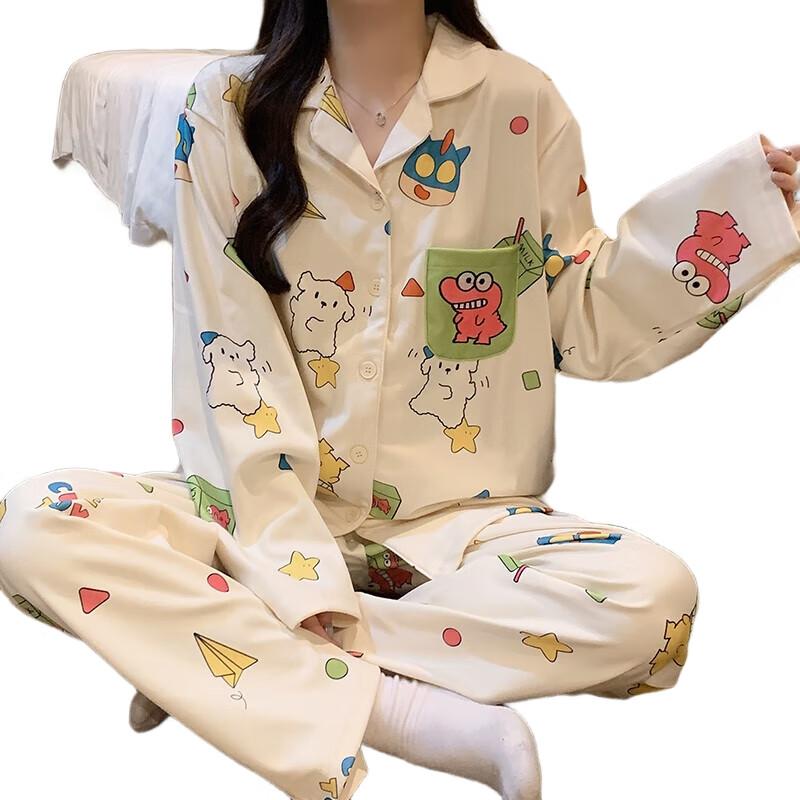 YUZHAOLIN Women's Pajamas, Spring And Autumn Long-Sleeve Cartoon Style, Cute Pocket Soft Lapel Cardigan Loungewear Set for Female Students