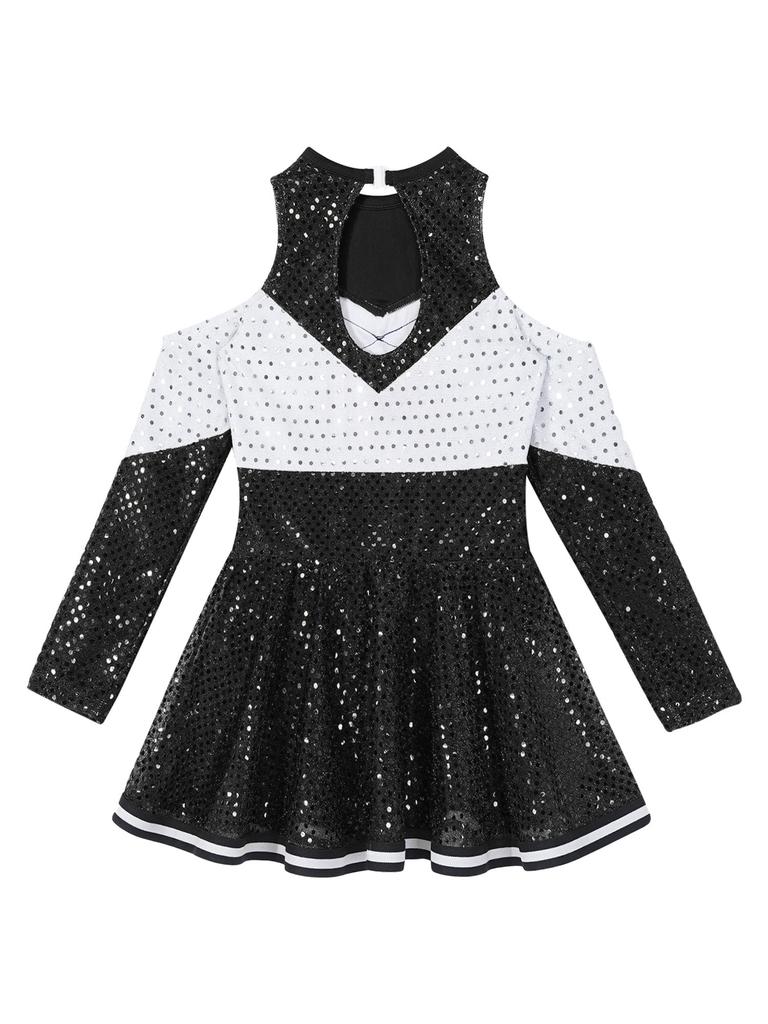 Платье для чирлидинга для девочек, с длинным рукавом, с открытыми плечами, с круглым вырезом, контрастного цвета, с блестящими пайетками, костюм для танцев