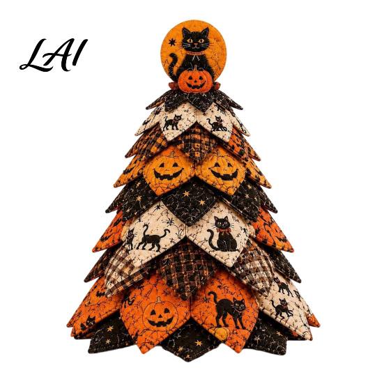 Rustic Wood Holiday Tabletop Signs Halloween Wooden Tree Ornament 2D Flat Quilted Fabric Style Desktop Double Home Party Props for Side Table