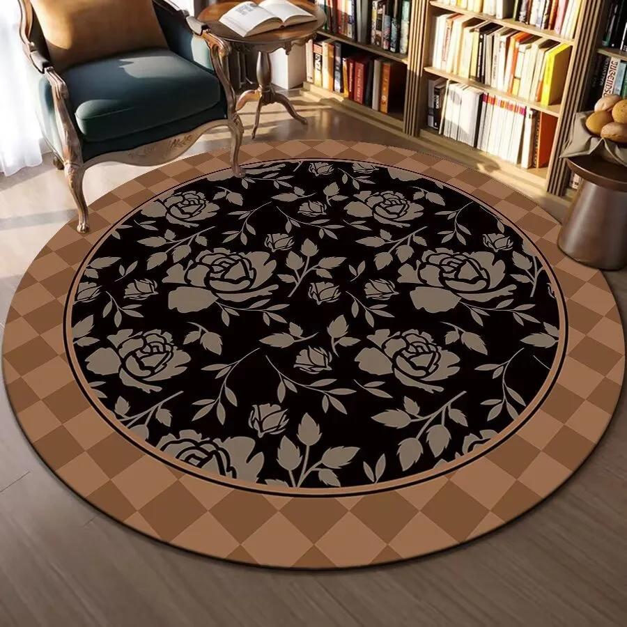 Round Area Rug With Traditional Patterns Lotus Flower Landscape Exquisite Artistic Style Soft Durable Floor Decor For Bedroom