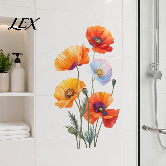 Peel And Stick Flower Murals 2Pcs Watercolor Wall Stickers, PVC Waterproof Floral Decals, Colorful Decor Art Decor, Removable Orange Vinyl Decals for